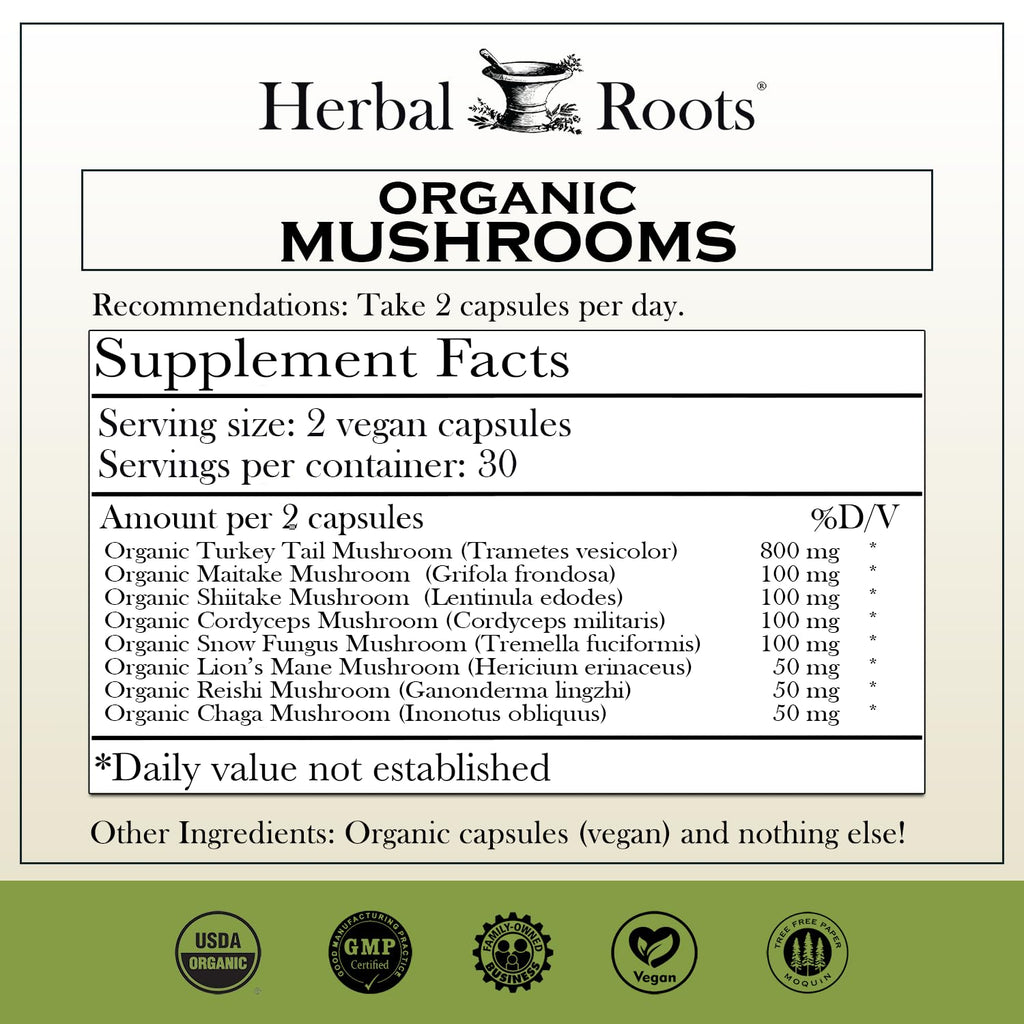 Herbal Roots Organic Mushroom Capsules Immune Support - 60 Vegan Capsules - image 2