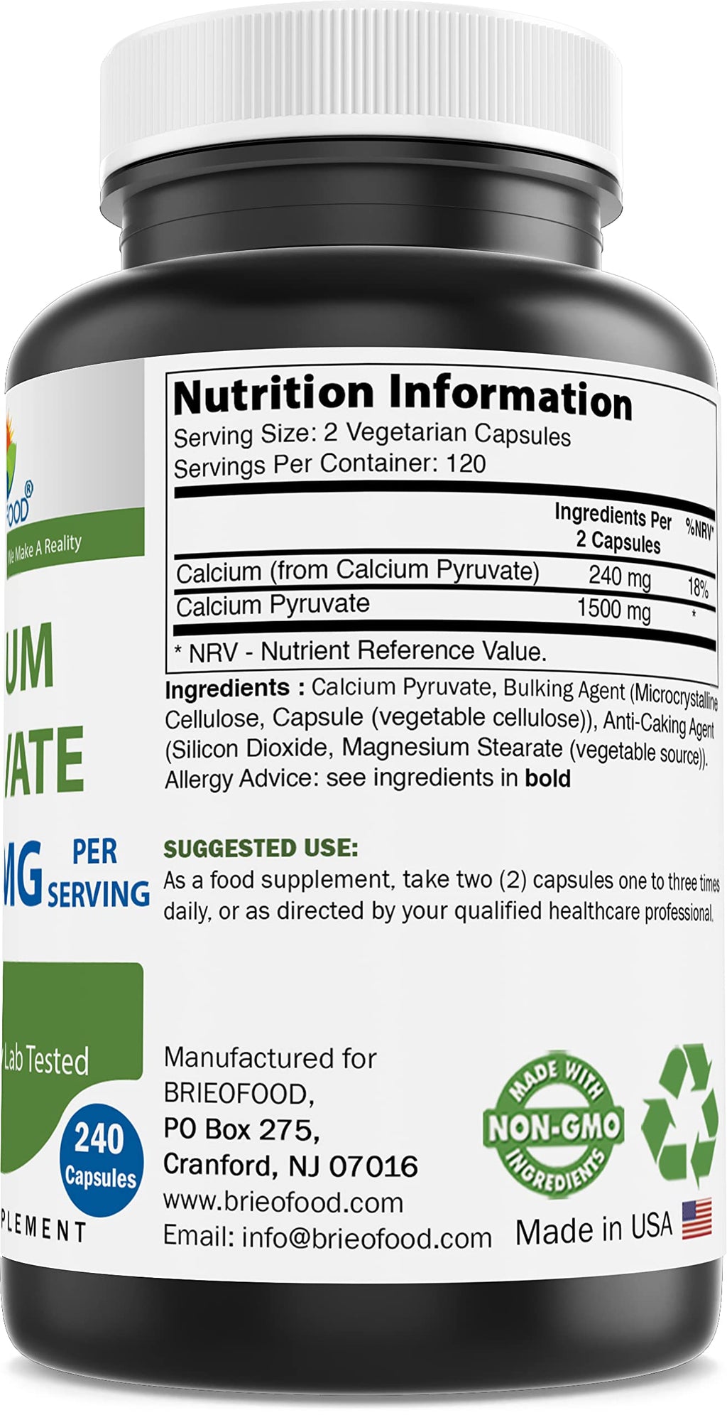 Brieofood Calcium Pyruvate 1500mg - 240 Vegetarian Capsules - image 8