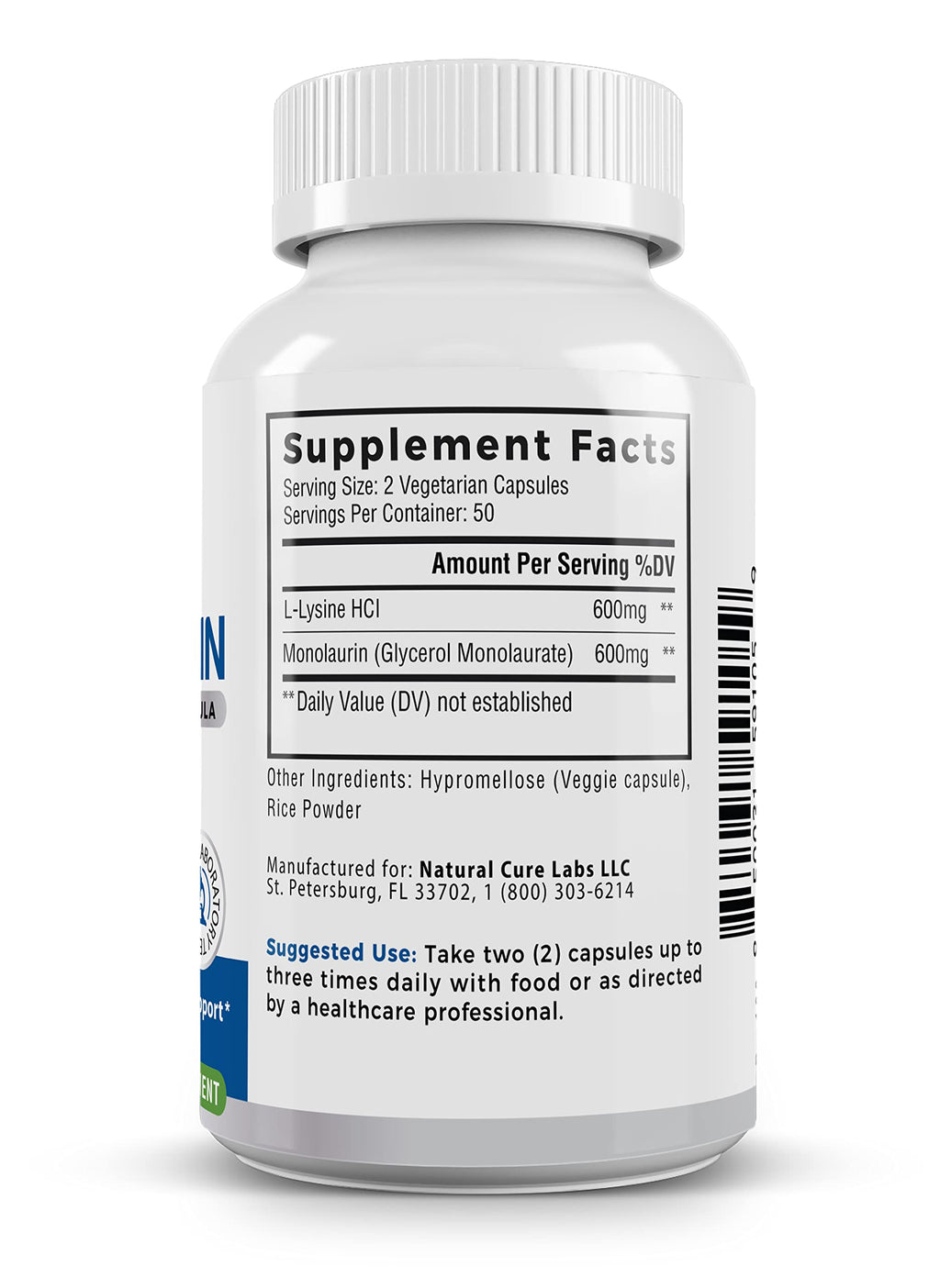 Palmara Health L-Lysine + Monolaurin 600mg 1:1 Ratio