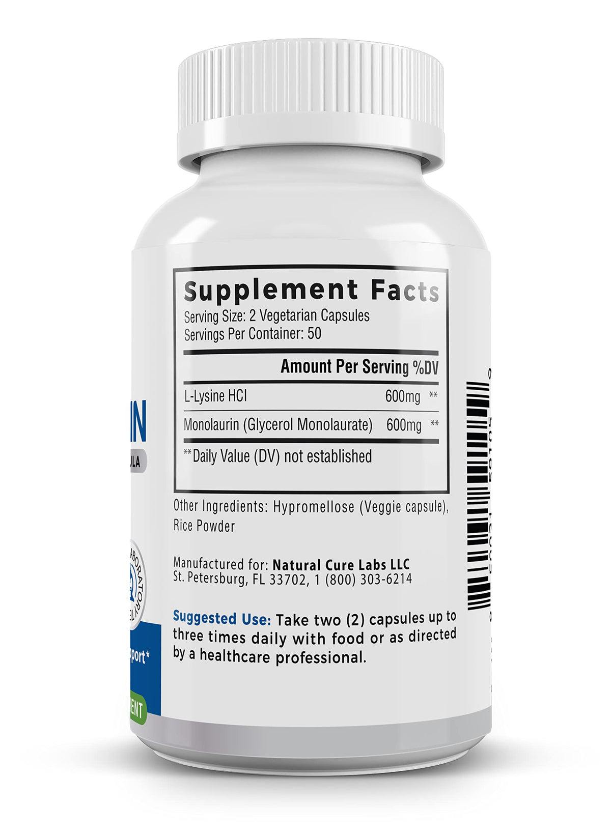 Palmara Health L-Lysine + Monolaurin 600mg 1:1 Ratio