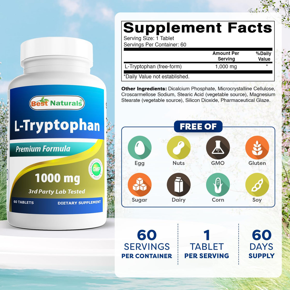 Best Naturals L-Tryptophan 1000 mg - 60 Tablets - image 2