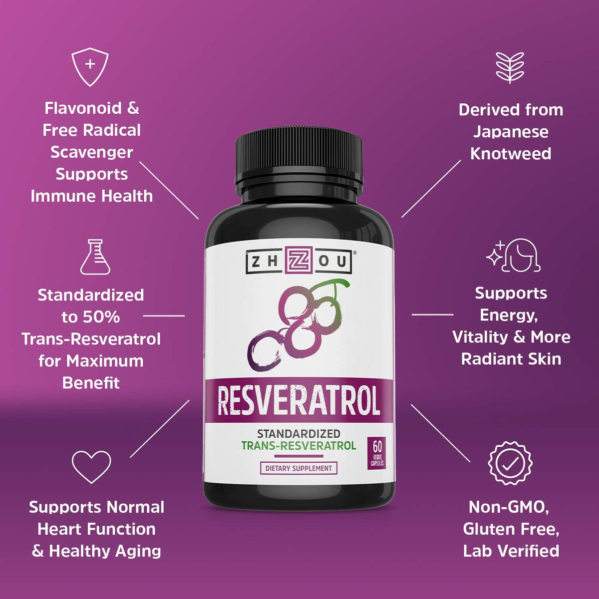 ZHOU Resveratrol 1000mg Heart Health - 60 Vegetarian Capsules - image 4