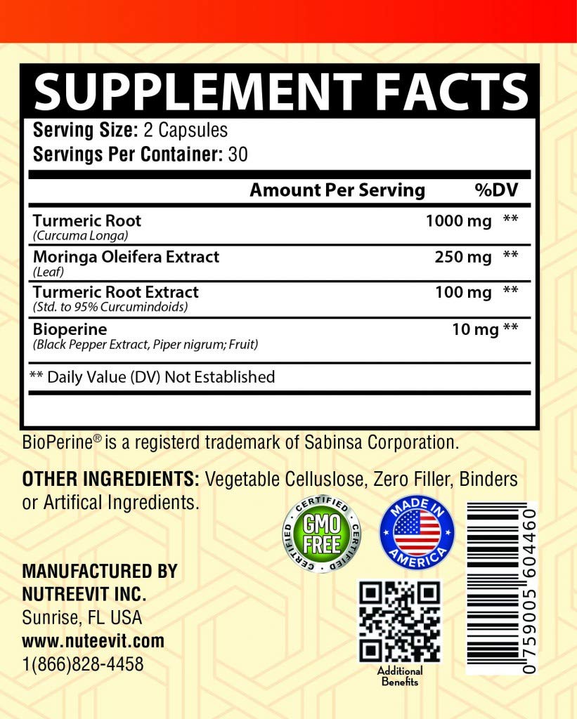 NutreeVit Turmeric Curcumin with Moringa & Bioperine - 200 Capsules - image 3