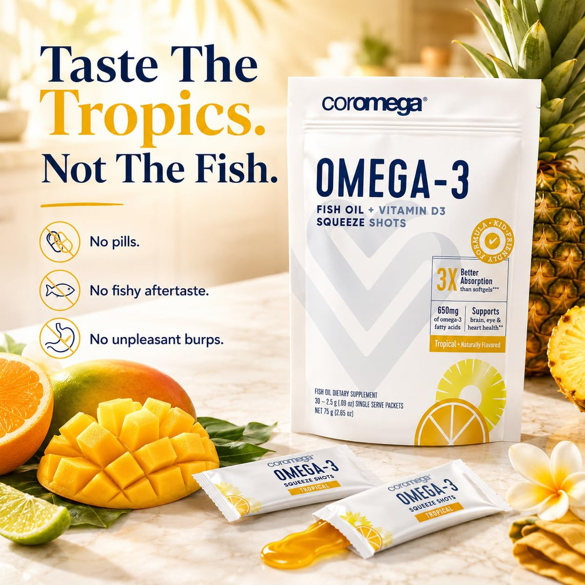 Coromega Omega 3 Tropical Flavor Liquid Fish Oil - 30 Packets - image 2