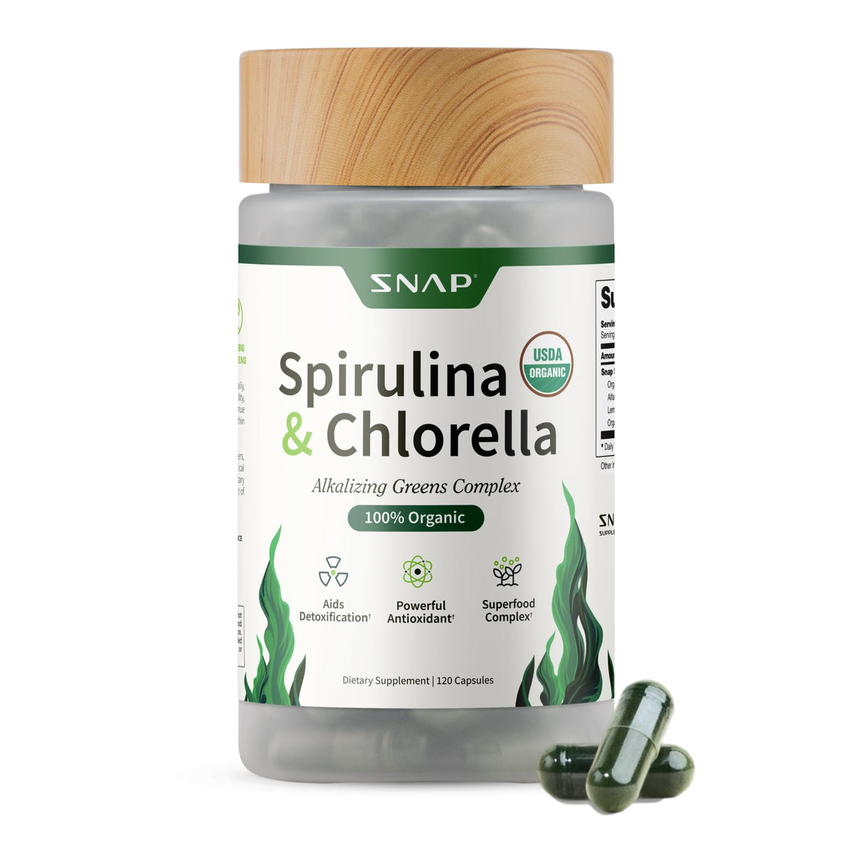 Snap Supplements USDA Organic Spirulina and Chlorella - 120 Capsules