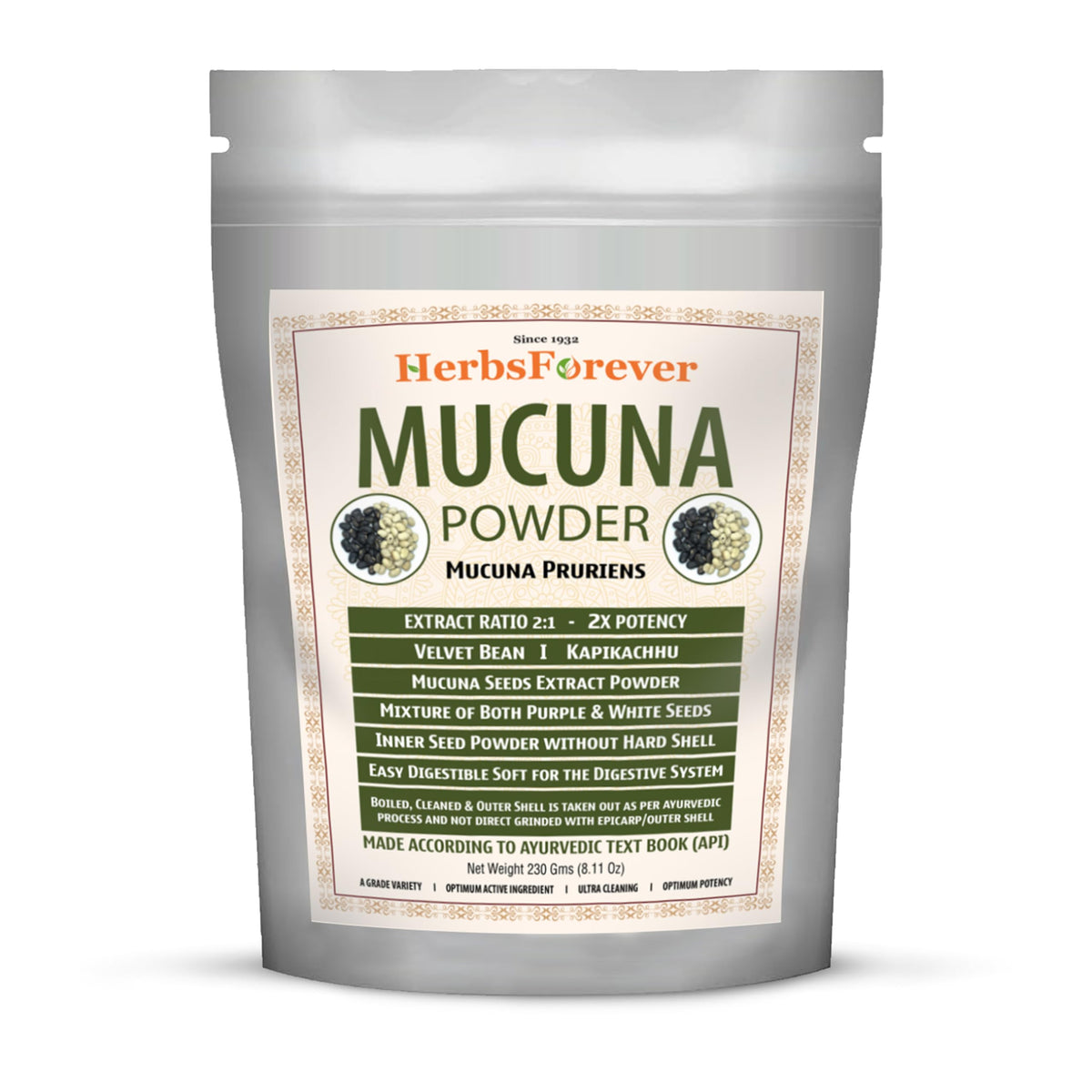 Herbsforever Mucuna Pruriens Powder 2X Potency Extract - 230g
