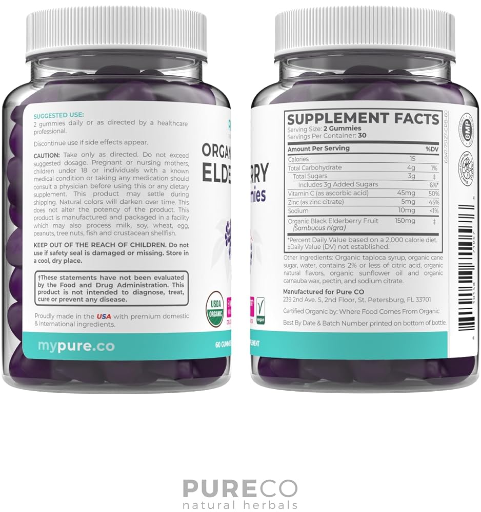 PURE CO Organic Elderberry for Adults - Vegan Sambucus Elderberry