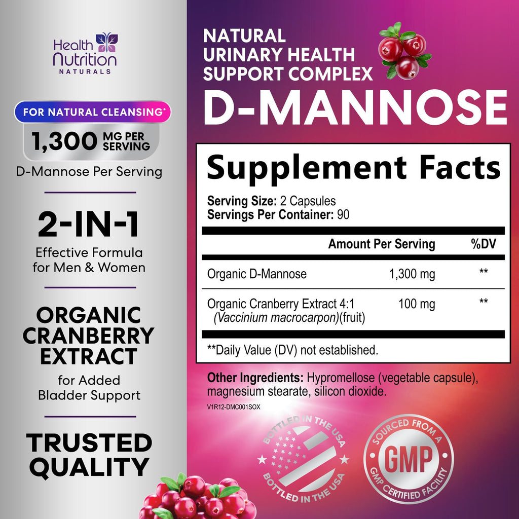 Health Nutrition Naturals D-Mannose 1300mg - Fast-Acting Organic D