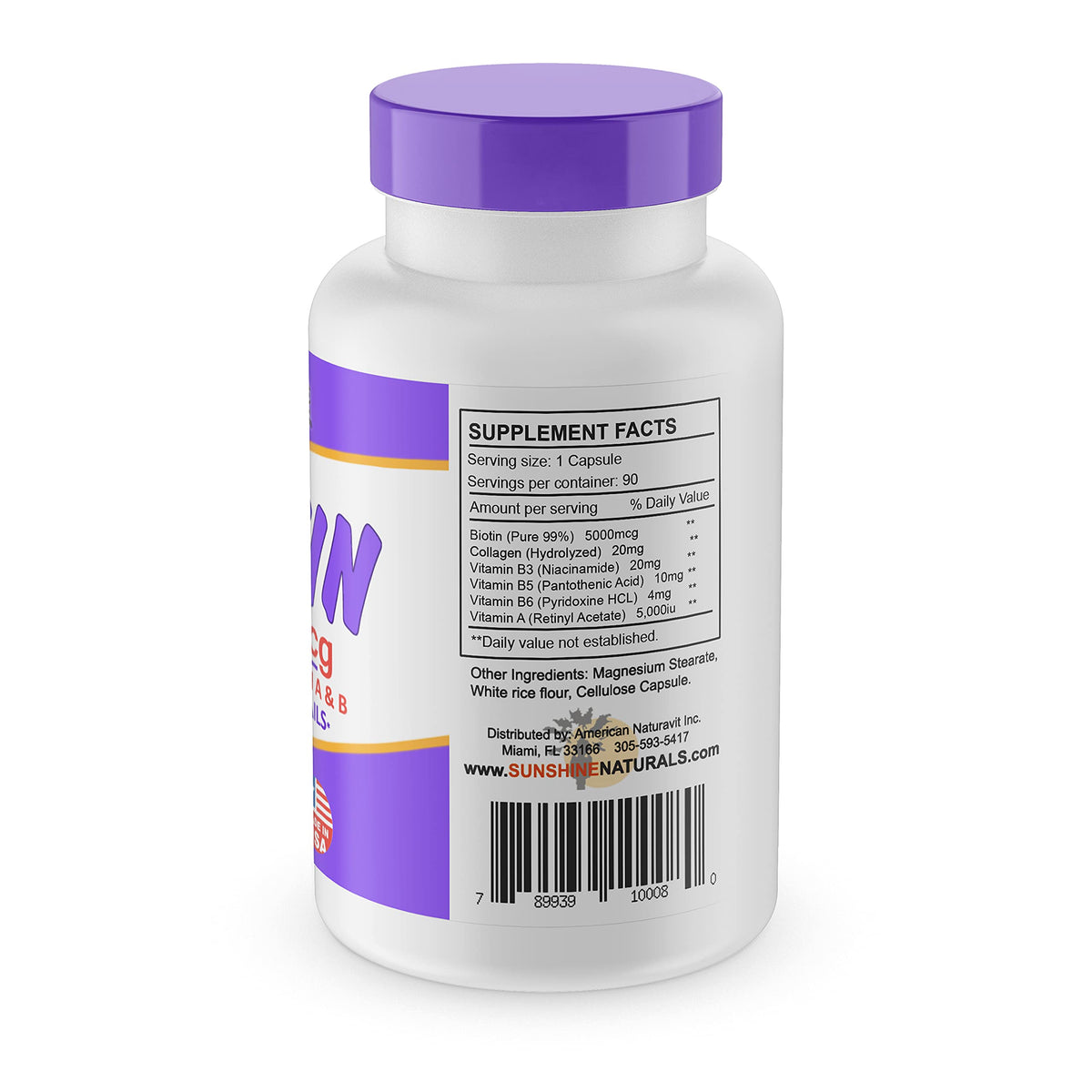 Sunshine Naturals Biotin. 5000 mcg. 90 Capsules