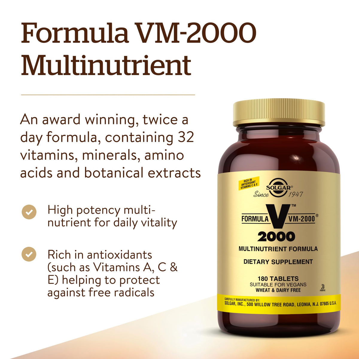 Solgar VM-2000 Multinutrient Multivitamin with Zinc - 180 Tablets - image 3