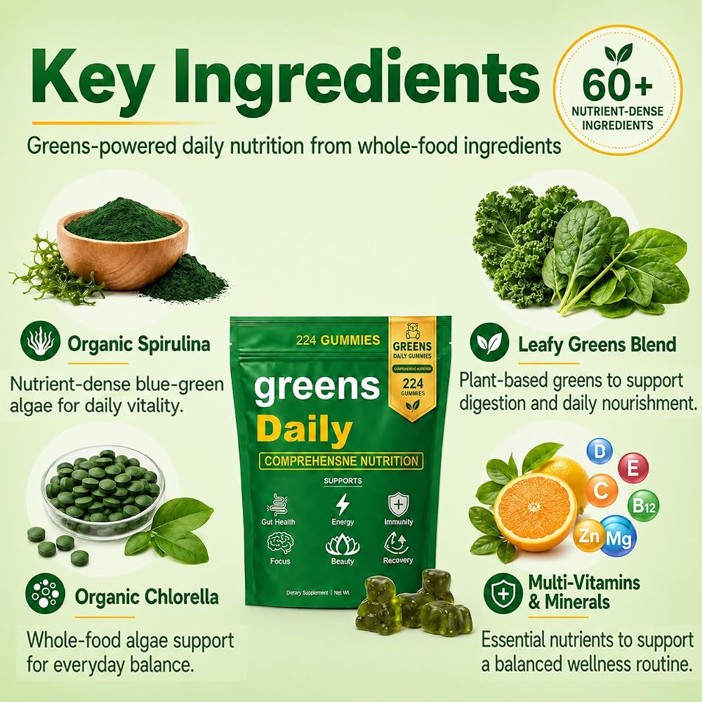 oviaapo Greens Daily Gummies with Chlorella & Spirulina - 224 Gummies - image 3