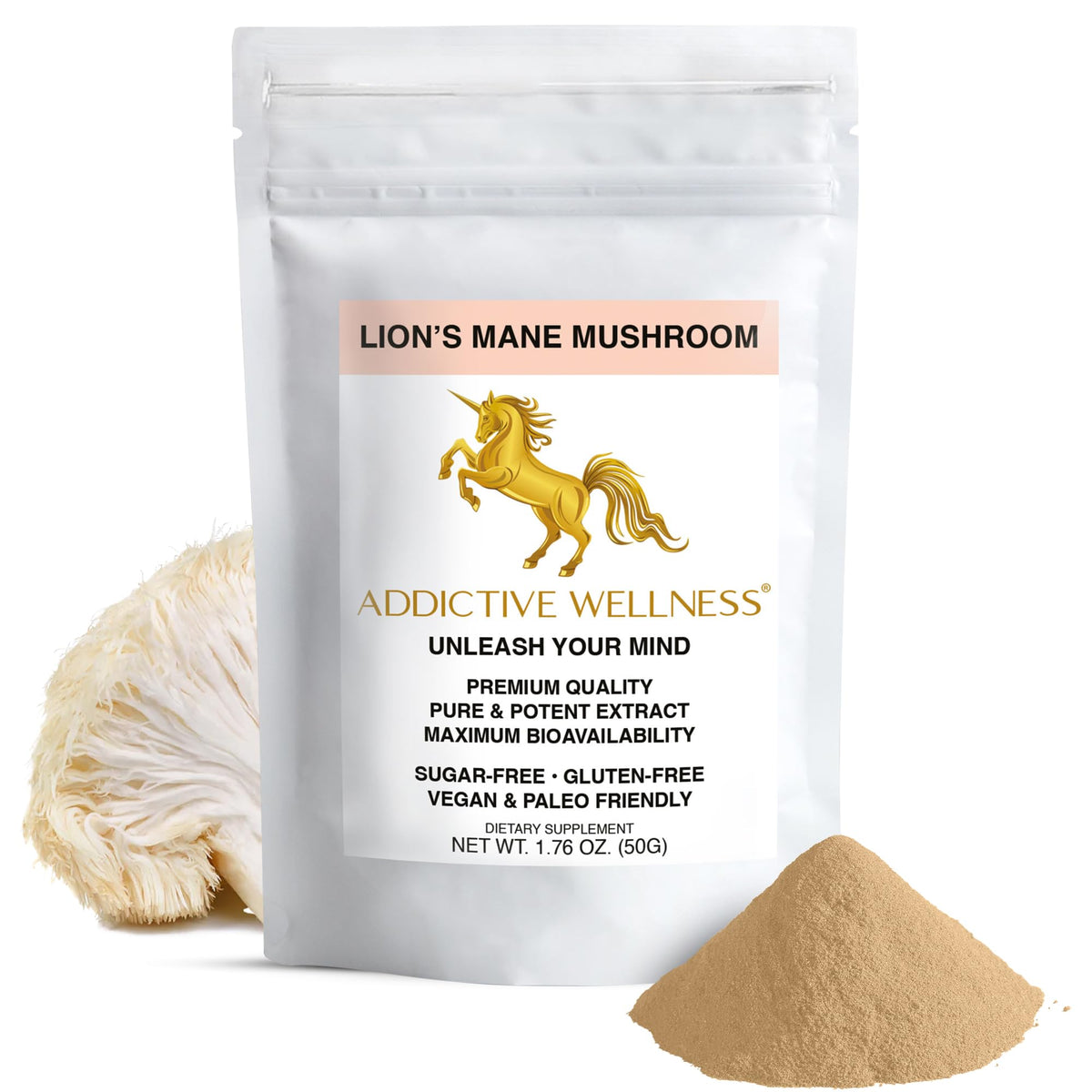 Addictive Wellness Lion's Mane Mushroom Powder Dual-Extract 1500mg - 1.76 oz