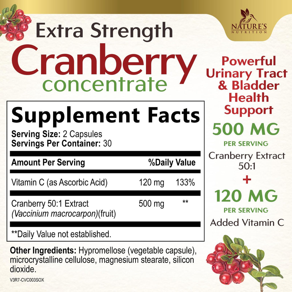 Nature's Nutrition Cranberry Pills Supplement 500mg Per Serving