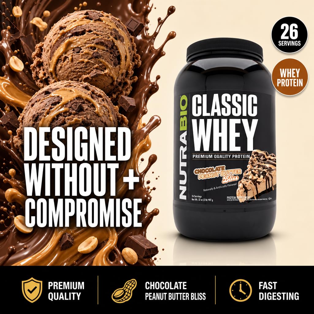 NutraBio Classic Whey Protein Powder Supplement - 25g of Protein Per