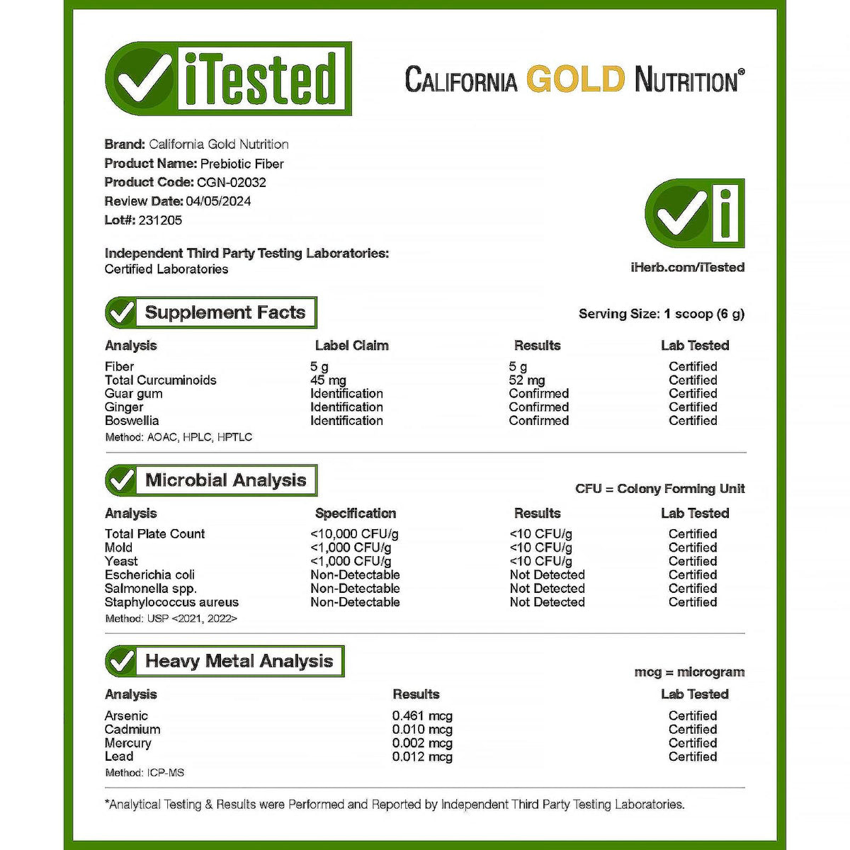 California Gold Nutrition Prebiotic Fiber Plus Turmeric Powder - 6.7 oz - image 4