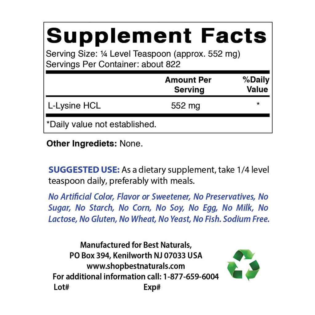 Best Naturals Lysine Powder, 1 Pound - 100% Pure