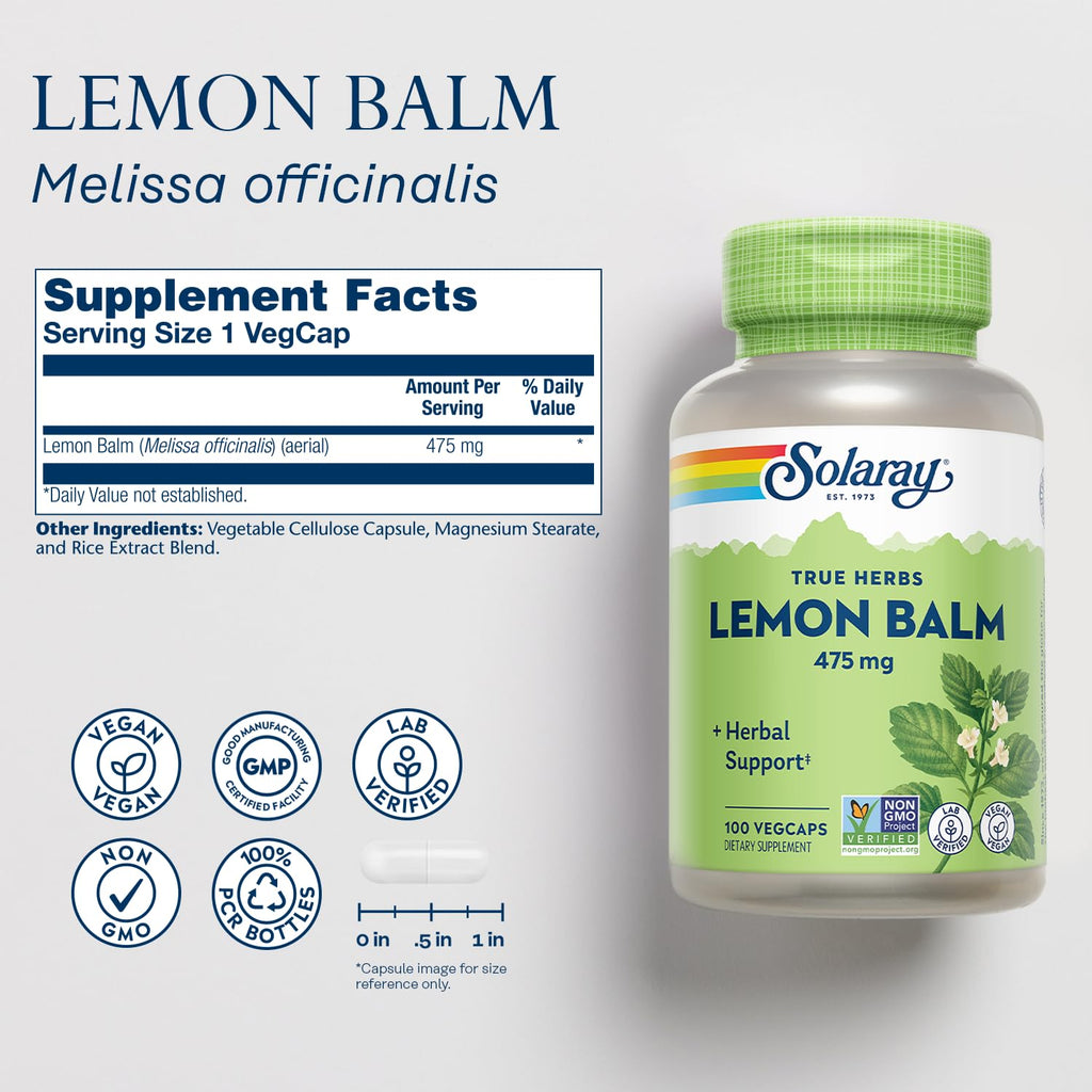 SOLARAY Lemon Balm 475 mg Herbal Support - 100 Vegan Capsules - image 2