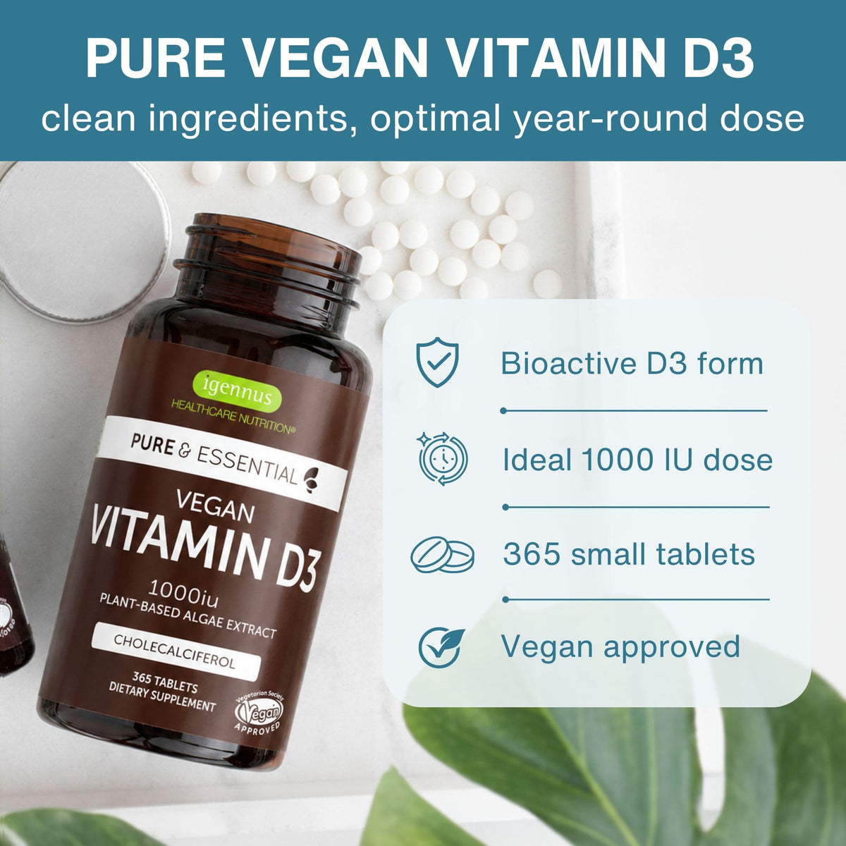 Igennus Natural Vegan Vitamin D3 1000 IU - 365 Tablets - image 2