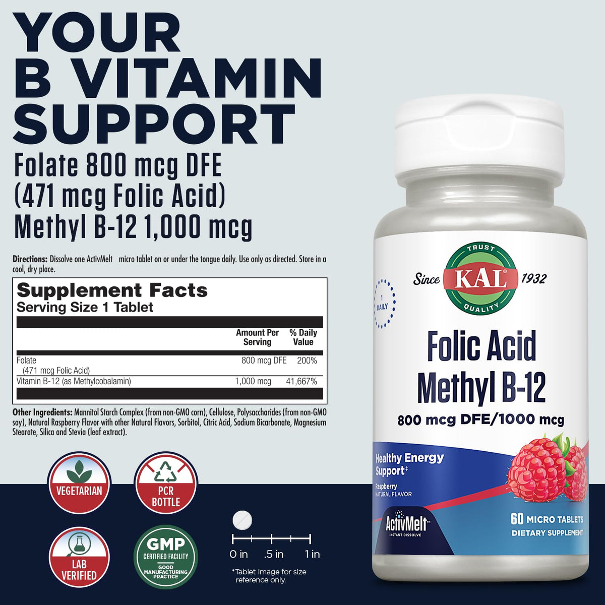 KAL Folic Acid Methyl B-12 800 mcg Tablets - 60 Count - image 2