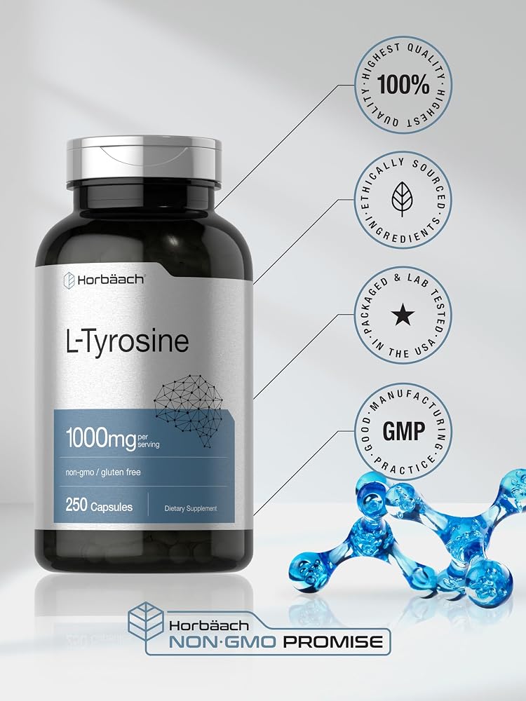 Horbäach L-Tyrosine 1000mg Amino Acid Supplement - 250 Capsules - image 6