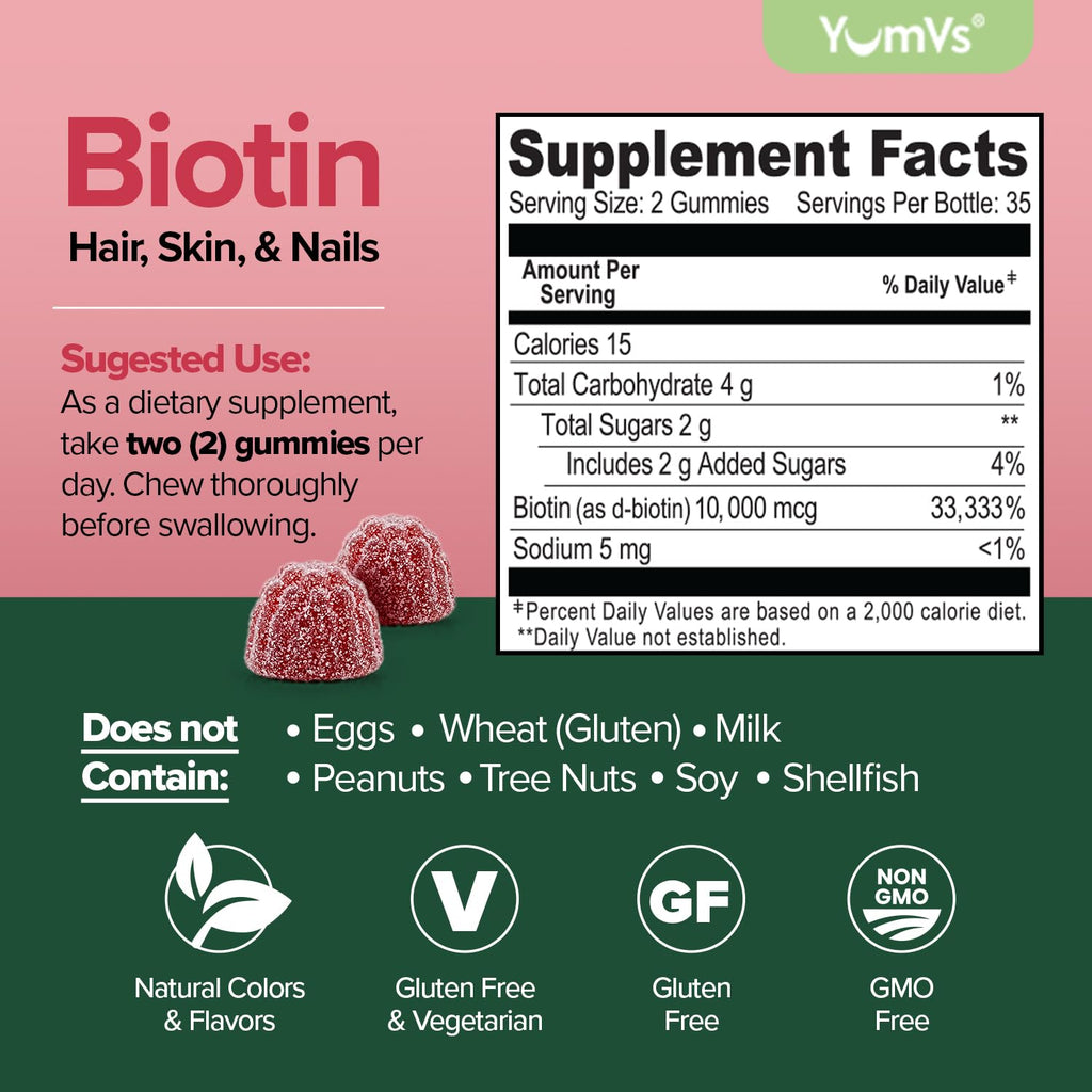 YUM-V'S Biotin Gummies 10,000 mcg for Hair, Skin & Nails - 70 Count - image 2