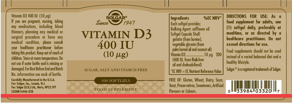 Solgar Vitamin D3 400 IU - 100 Softgels - image 6