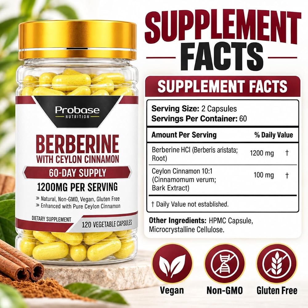 Probase Nutrition Berberine 1200mg with Ceylon Cinnamon - 120 Capsules - image 5