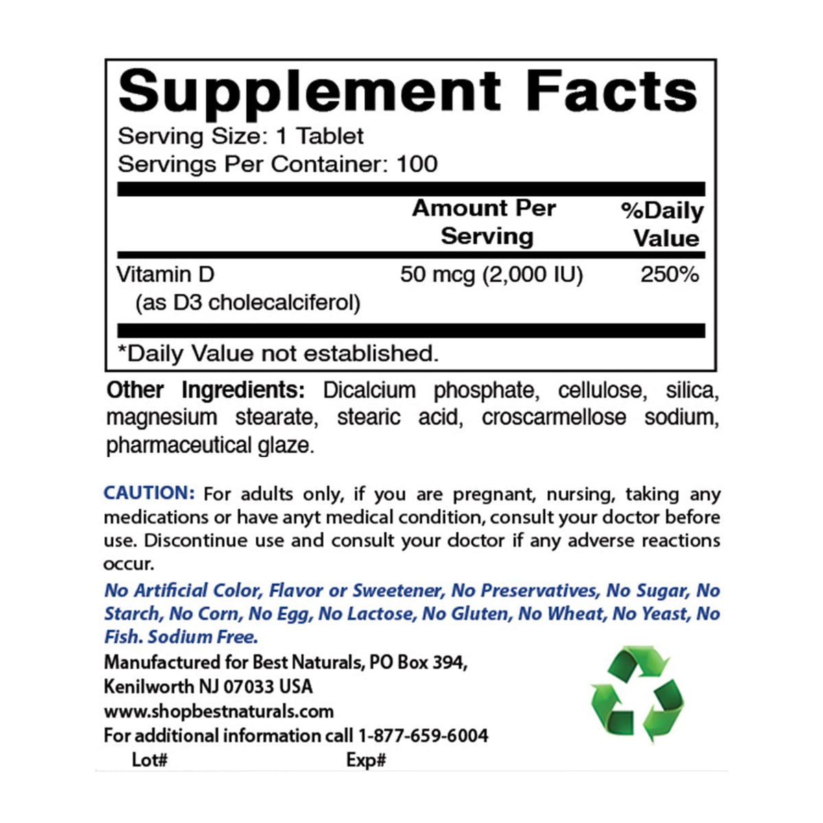 Best Naturals Vitamin D3 2000 IU (50 mcg) - 100 Tablets - 100 Days
