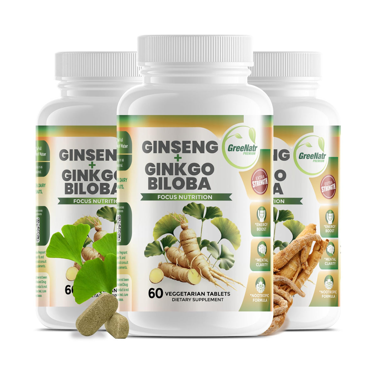 GreeNatr Panax Ginseng + Ginkgo Biloba Tablets - Premium