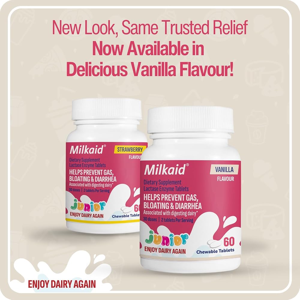 Milkaid Junior Lactase Enzyme Chewable Tablets for Lactose Intolerance
