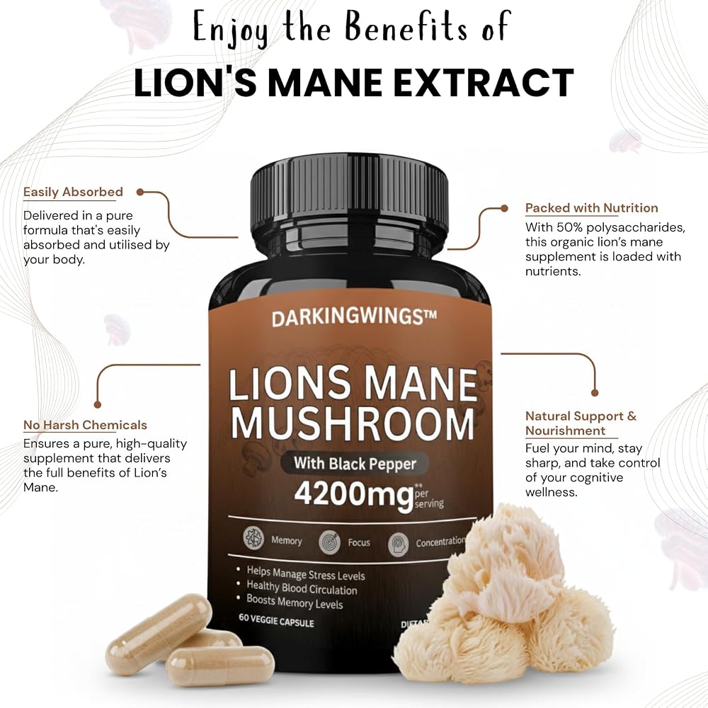 Darkingwings Lion's Mane Mushroom Supplement for Focus - 60 Capsules - image 5
