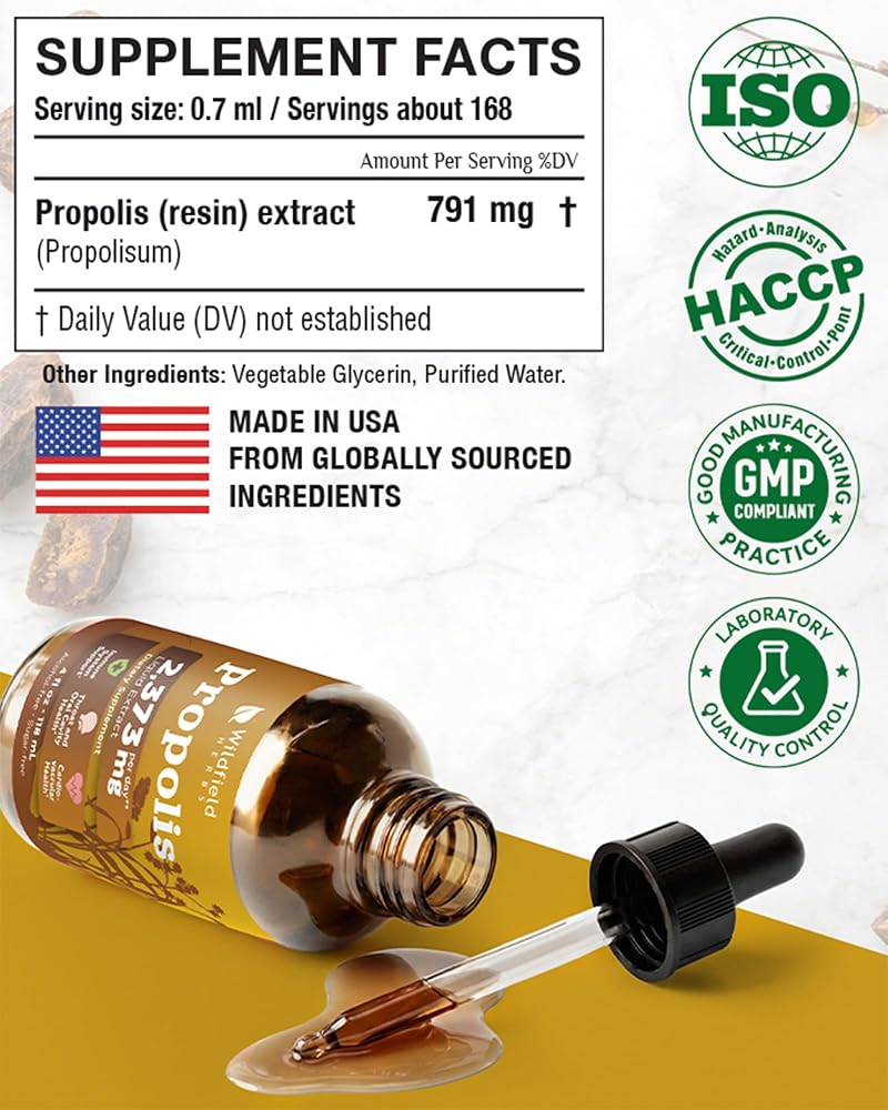 WILDFIELD HERBS 4 Oz Bee Propolis Extract Liquid Drops - Immune Support & Throat Soothing | 2 Month Supply | - Made in USA - Propolis Supplement - Alcohol & Sugar Free - image 3