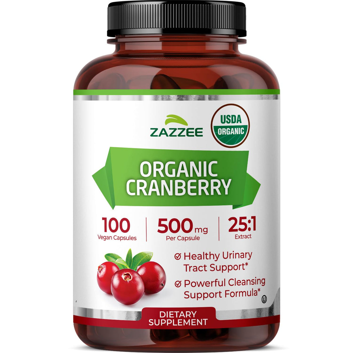 Zazzee USDA Organic Cranberry 25:1 Extract 500mg - 100 Capsules