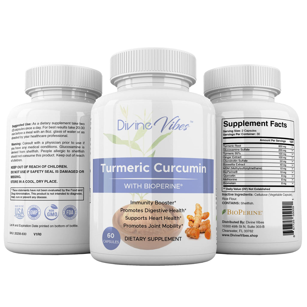 Divine Vibes Turmeric Curcumin with BioPerine Joint Support - 60 Capsules