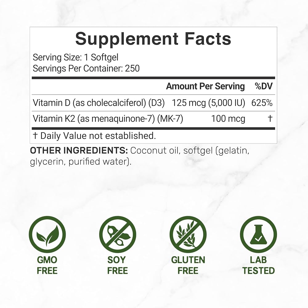 DEAL SUPPLEMENT Vitamin D3 5000 IU + K2 MK7 - 250 Softgels - image 2