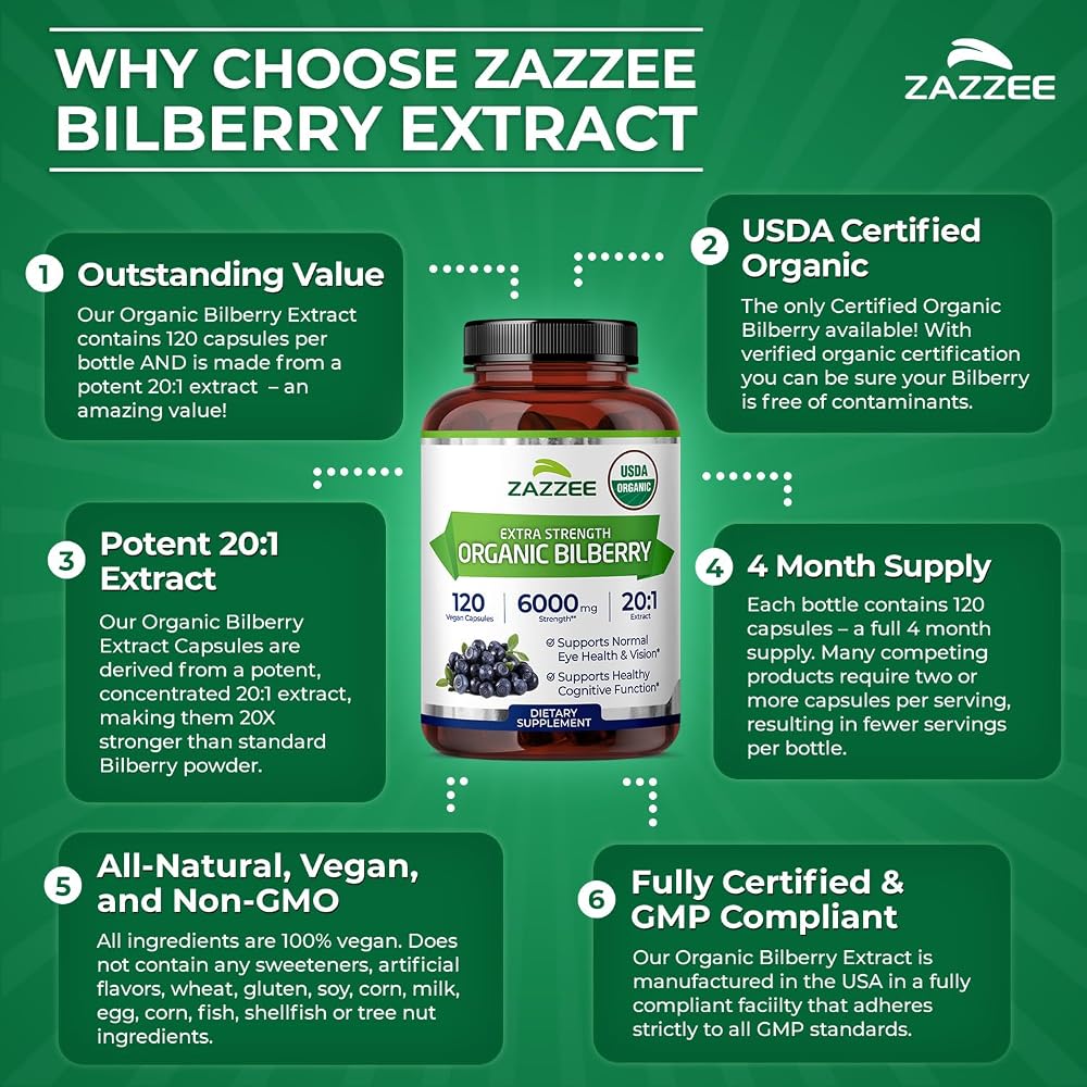 Zazzee USDA Organic Bilberry 20:1 Extract - 120 Capsules - image 8