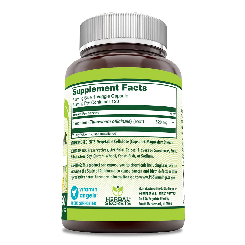 Herbal Secrets Dandelion Root 520 mg Veggie Capsules Supplement