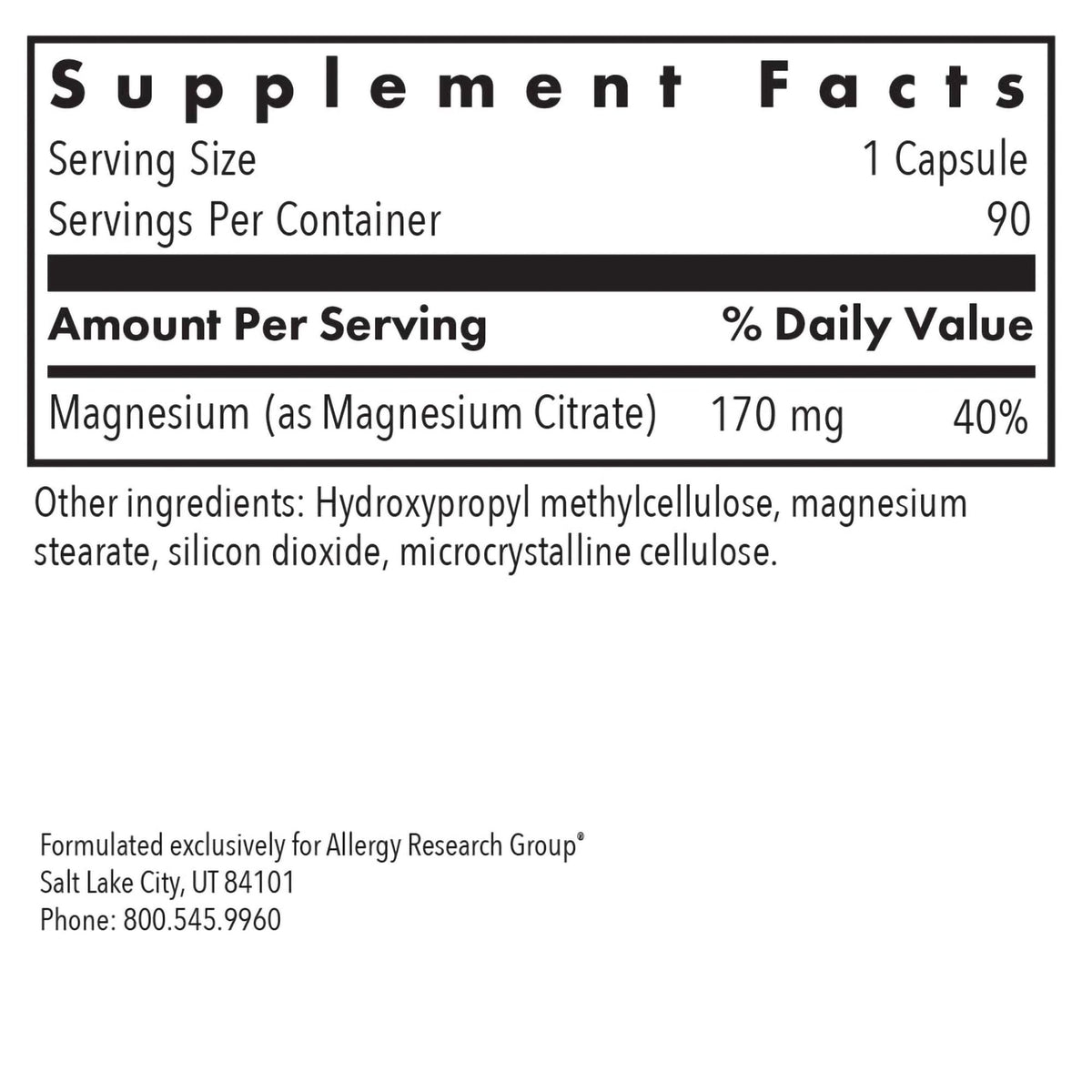 Allergy Research Group Magnesium Citrate 170 mg - 90 Capsules - image 2