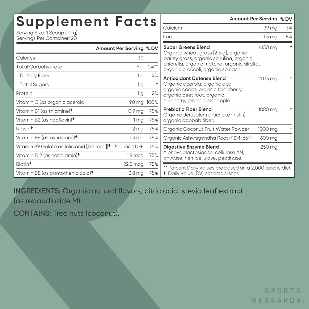 Sports Research® Organic Greens Superfood Powder w/Spirulina