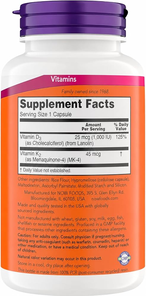 Now Supplements, Vitamin D-3 & K-2, 1,000 IU/45 mcg,Plus