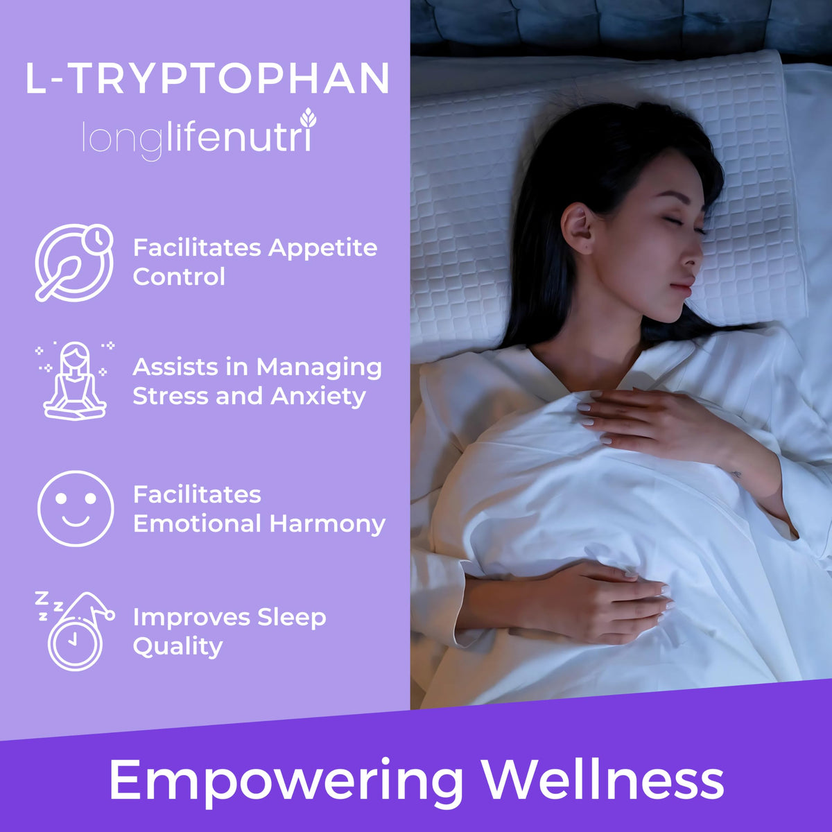 LongLifeNutri L-Tryptophan 500mg Sleep Support - 180 Vegetarian Capsules - image 4
