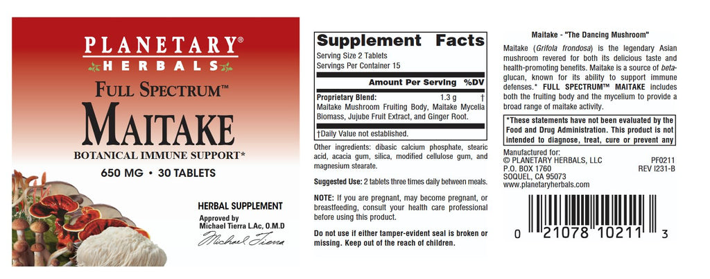 Planetary Herbals Full Spectrum Maitake Mushroom 650mg - 30 Tablets - image 4