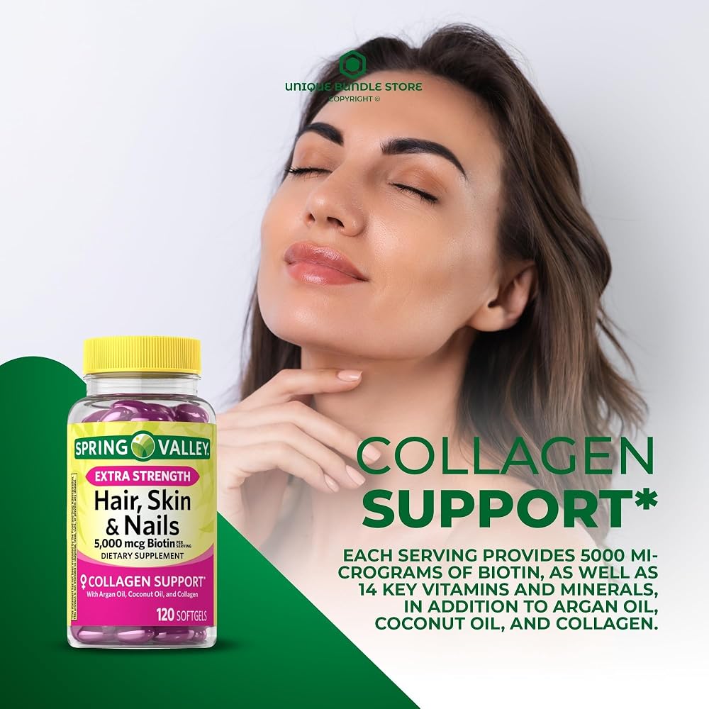 Unique Bundle Hair Skin Nails Biotin 5000 mcg - 240 Softgels - image 2