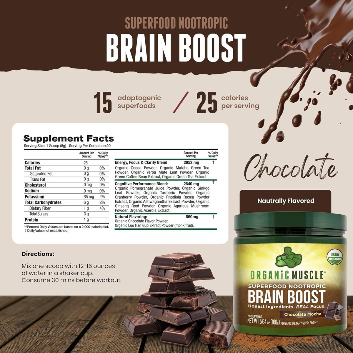 Organic Muscle Brain Boost Nootropics Powder Chocolate - 20 Servings - image 5