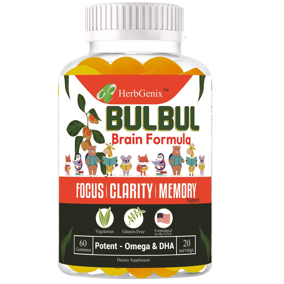 HerbGenix Omega DHA 3-6-9 Gummies for Kids Brain Focus - 60 Gummies