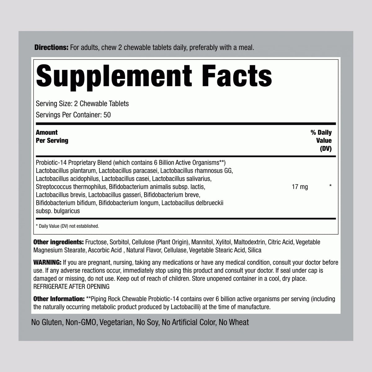 Piping Rock Probiotic for Women and Men - 100 Tablets - image 2