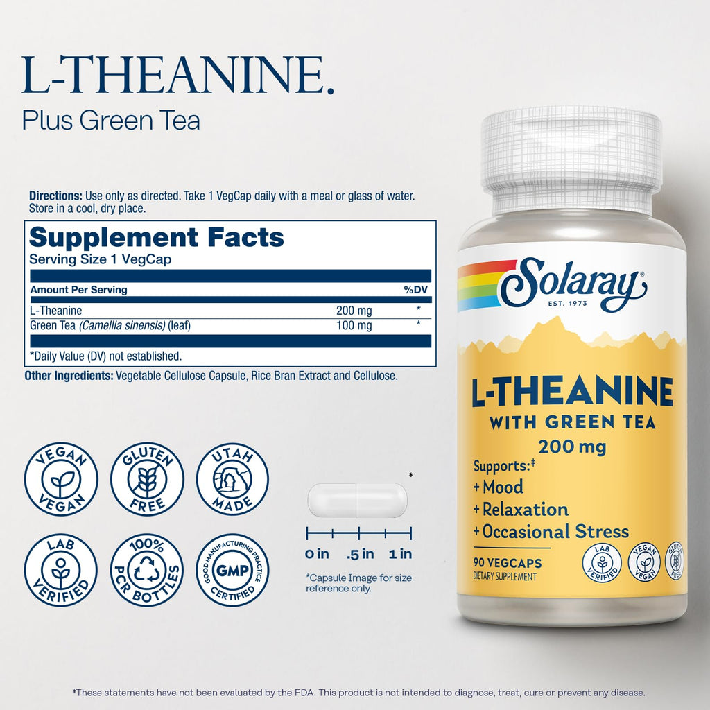 SOLARAY L-Theanine 200 mg with Green Tea - 90 Vegetarian Capsules - image 2