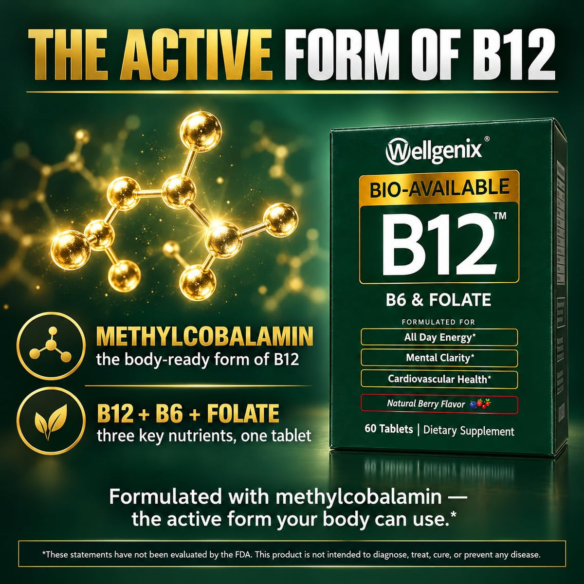 Wellgenix Bio-Available Sublingual B12 B6 Folate Vitamin - Formulated