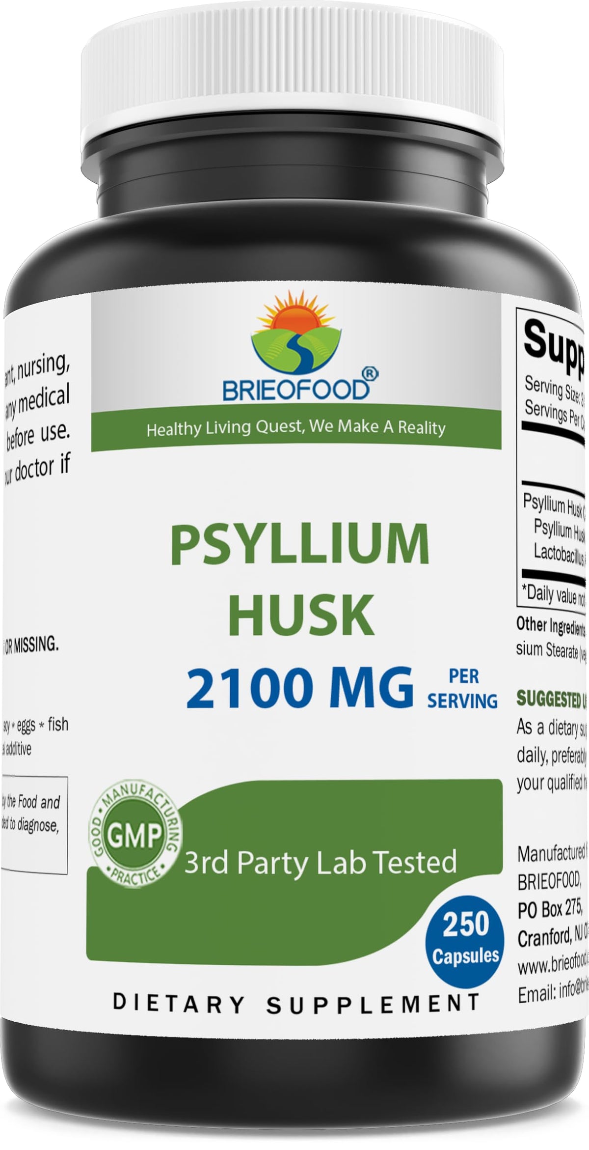 Brieofood Psyllium Husk Fiber with Acidophilus - 250 Capsules
