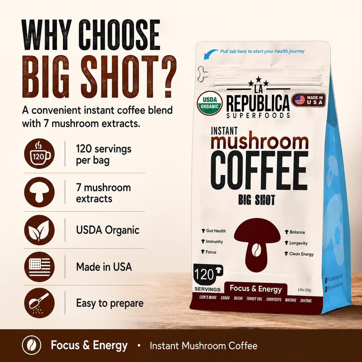 LRLA Superfoods Big Shot Instant Organic Mushroom Coffee - 120 Servings - image 4